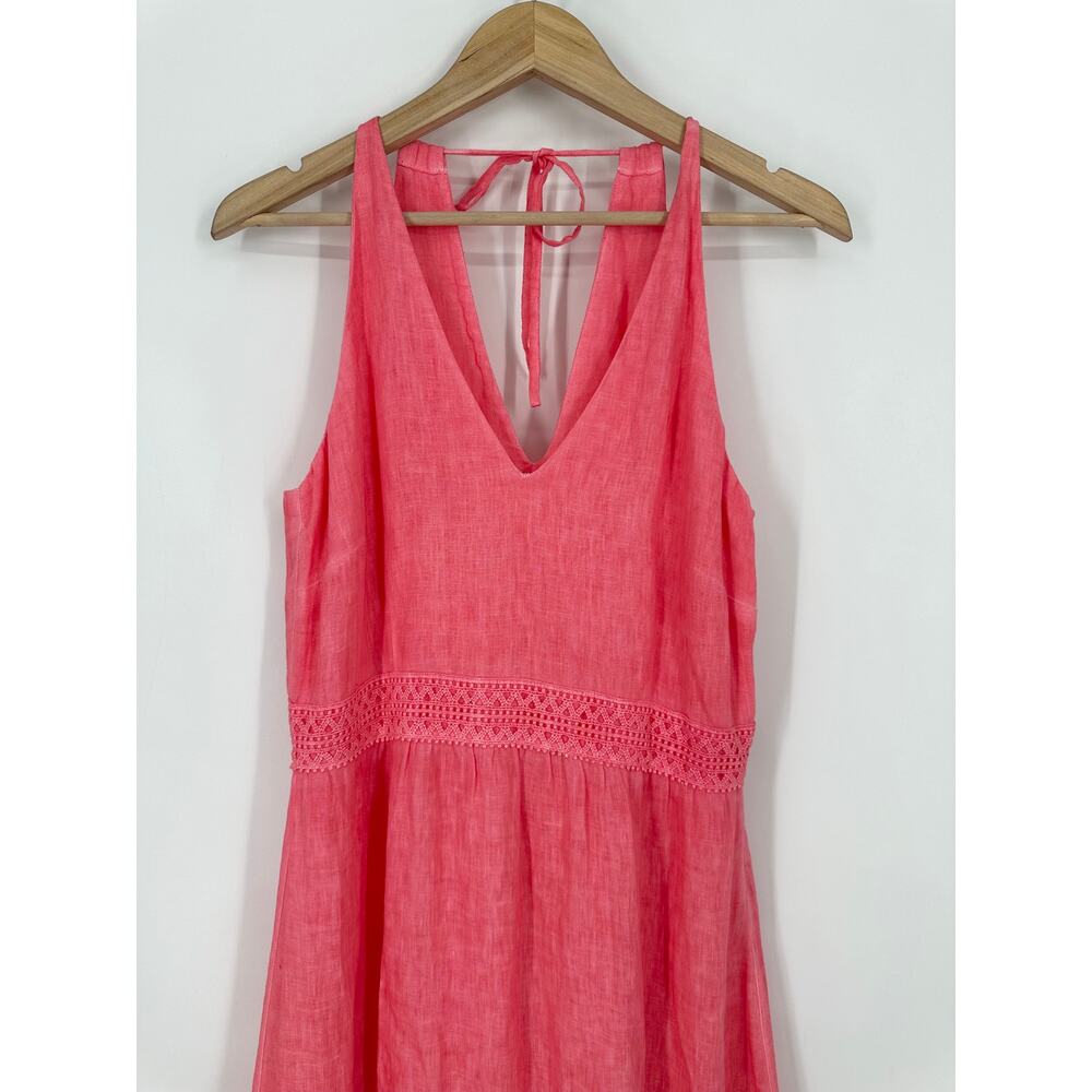 120% Lino Resort Linen Tiered Halter Maxi Dress Crochet Sleeveless, Coral Pink - Picture 4 of 14